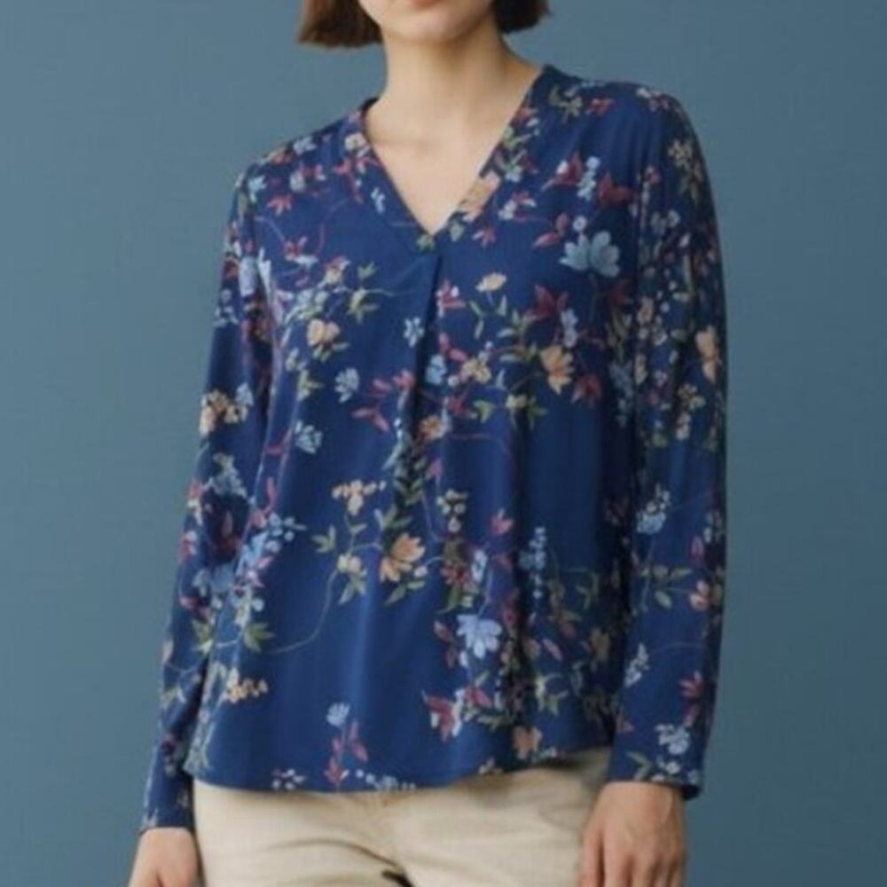 Two by Vince Camuto Floral Navy Blouse V-Neck 3/4 Sleeve Cottagecore Sz M